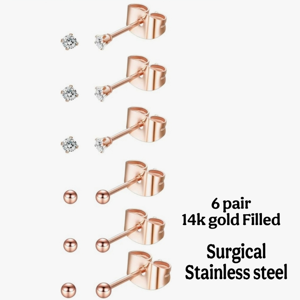 Sale 6pair 14k Rose Gold Stud Earring Set CZ & 3mm Ball Studs.